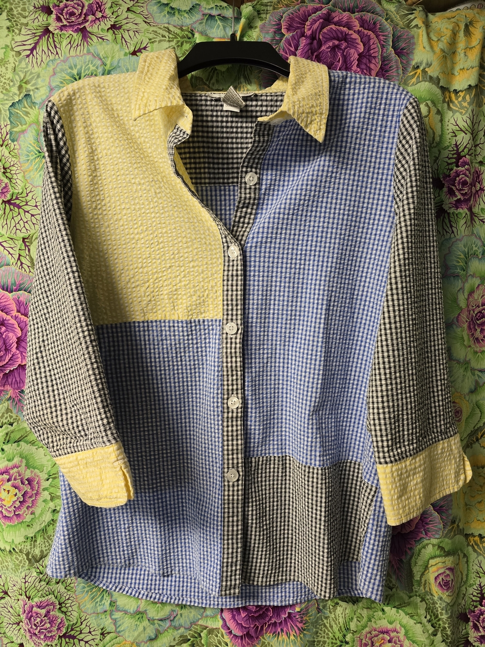 Patchwork Gingham Button Up Shirt Seersucker Mismatch Plaid 3/4 Sleeve EUC